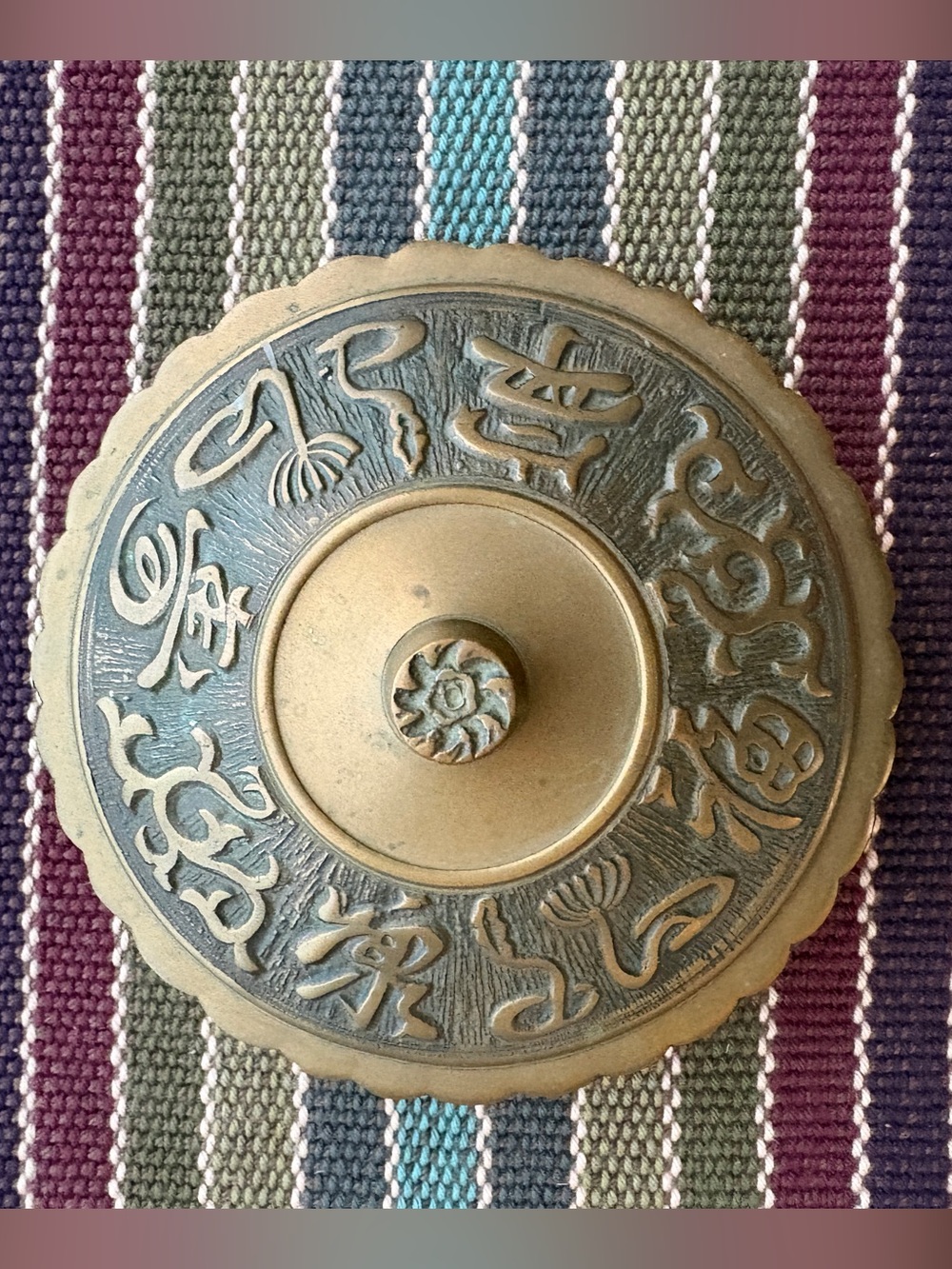 Vintage Korean Solid Brass Covered Candy Dish Asian Character Lid Made in Korea